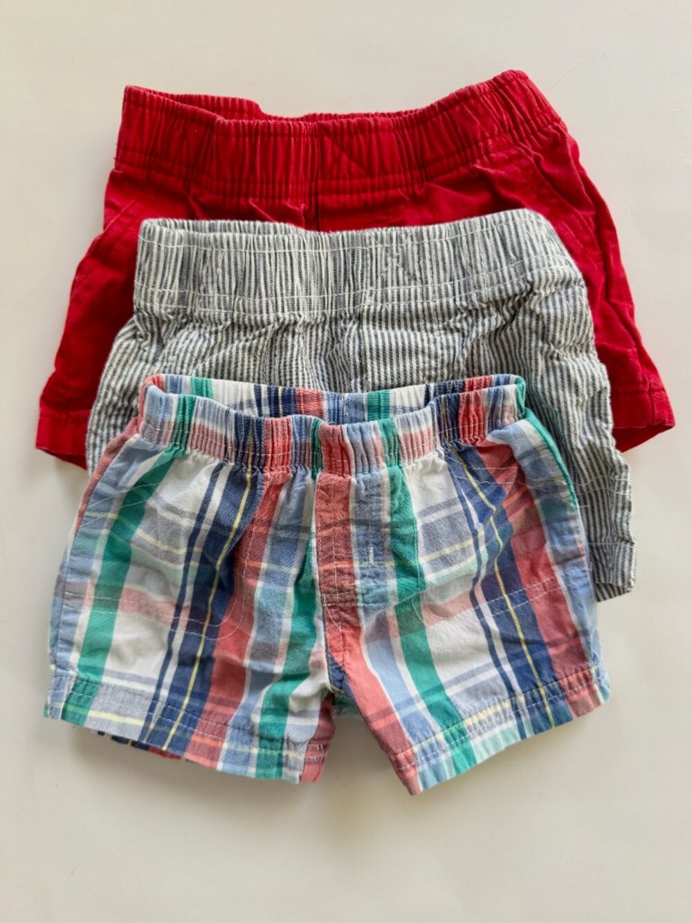 Carter's Baby 3pc Shorts Bundle Sz 6M Red, Ticking Stripe & Madras Plaid